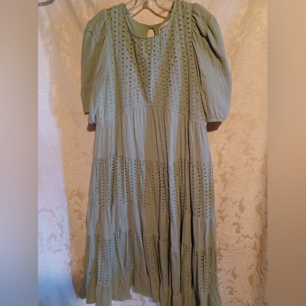 100% Cotton Green Eyelet Midi Dress